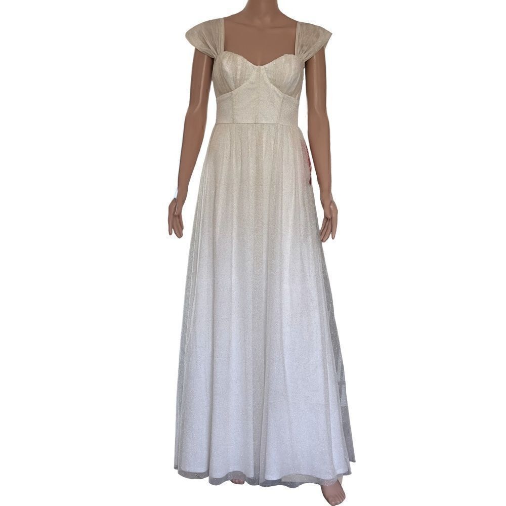 Crystal Doll Gold Sparkle Glitter White Outer Mesh Long Gown NWT SIZE 5